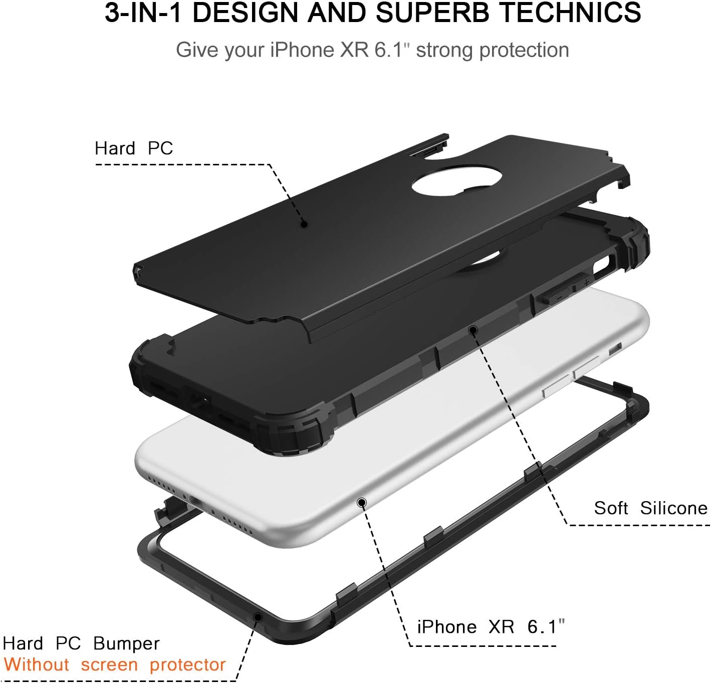 BENTOBEN iPhone XR Cases, iPhone XR Phone Case, 3 in 1 Heavy Duty Rugged Hybrid Hard PC Cover Soft Silicone Bumper Impact Resistant Shockproof Protective Cases for Apple iPhone XR 6.1" 2018, Black