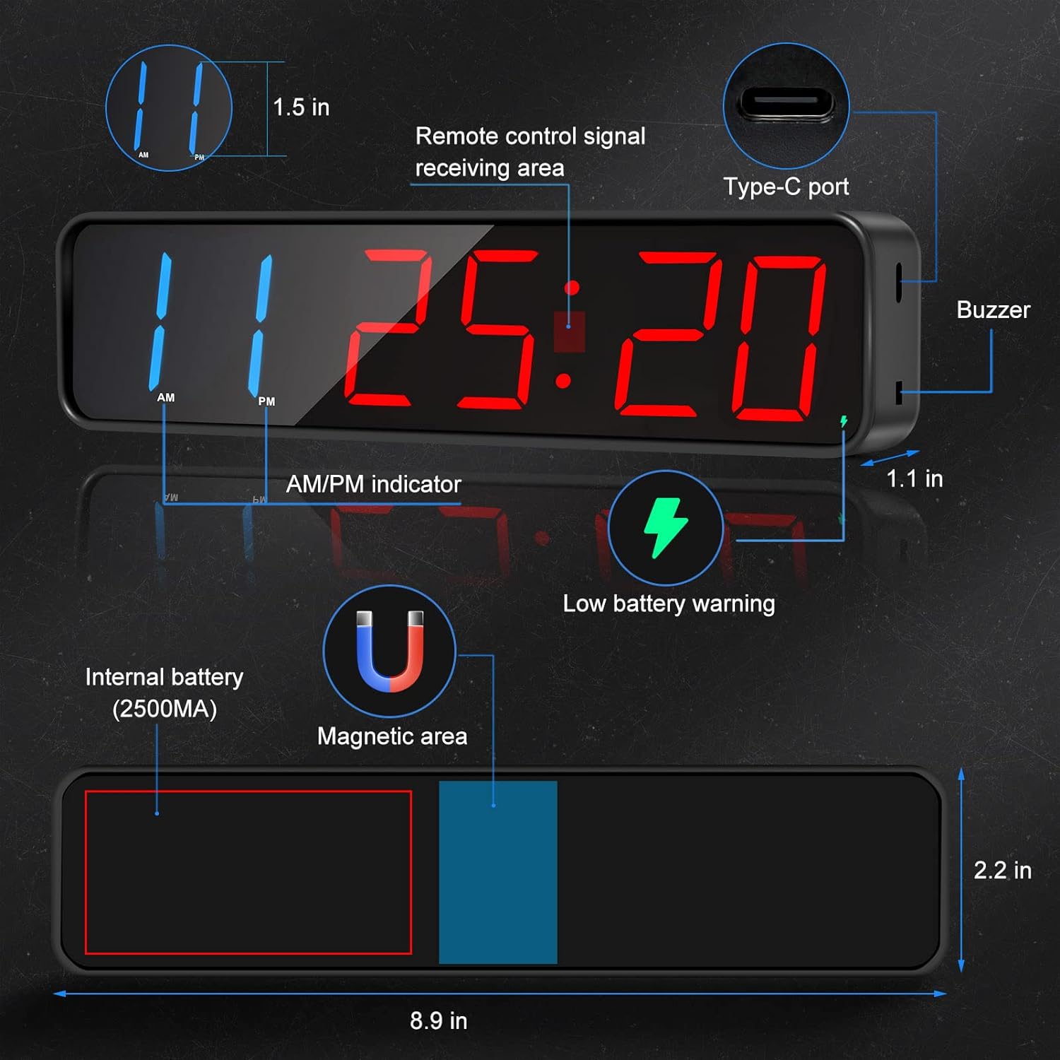 Jhering Gym Timer, Portable, Interval Timer with Rechargeable Battery and Built-in Magnet, Large LED Digital Anti Vertigo Display, Upgraded Workout Clock for Home Gym Garage Fitness