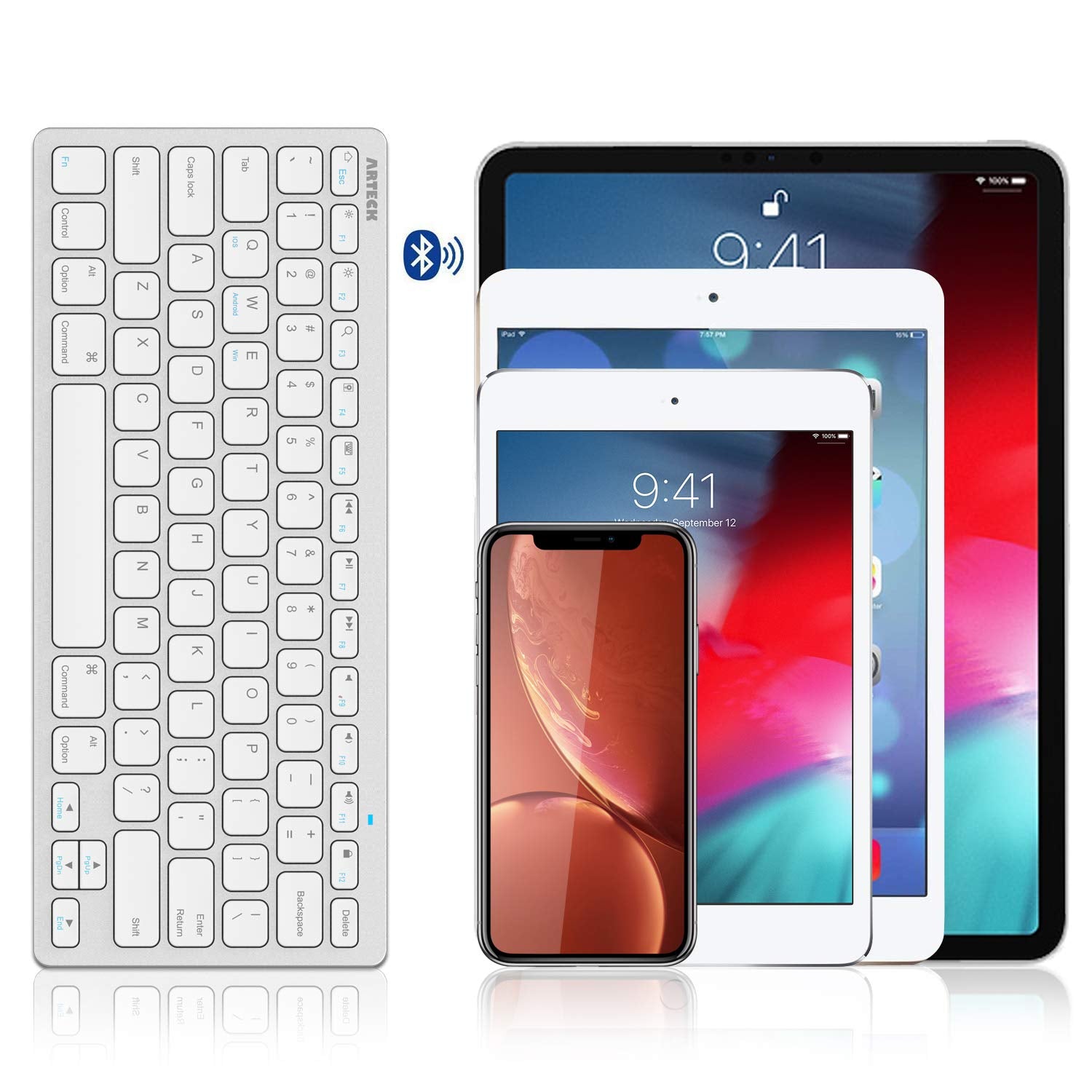 Arteck Ultra-Slim Bluetooth Keyboard Compatible with iPad 10.2-inch/iPad Air/iPad 9.7-inch/iPad Pro/iPad Mini, iPhone and Other Bluetooth Enabled Devices Including iOS, Android, Windows Silver