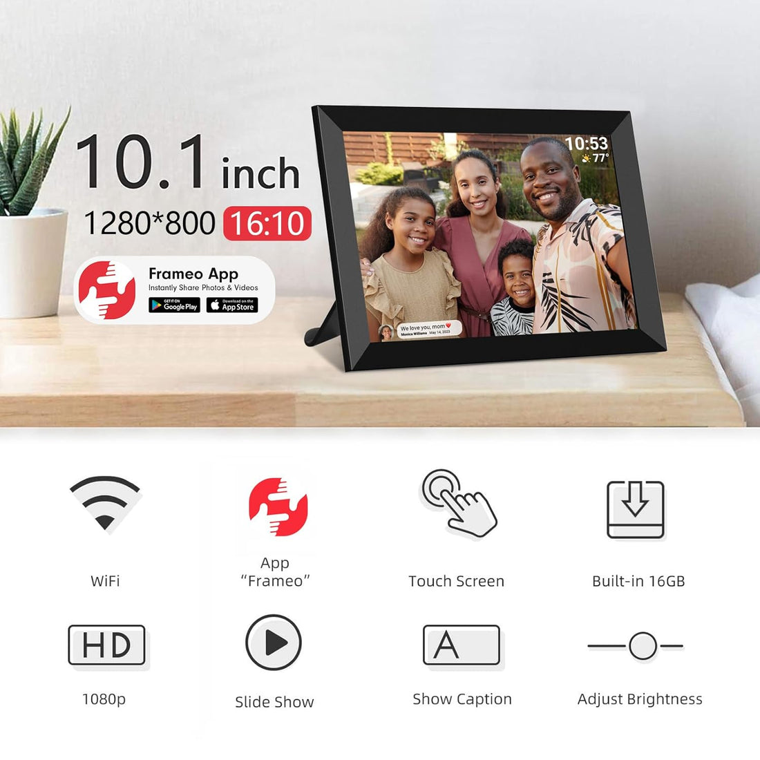 FRAMEO 10.1 inch WiFi Digital Picture Frame 1280x800 HD IPS Touch Screen Smart Cloud Photo Frame with 16GB Memory, Auto-Rotate, Wall Mountable, Easy Setup to Share Photos or Videos via Frameo