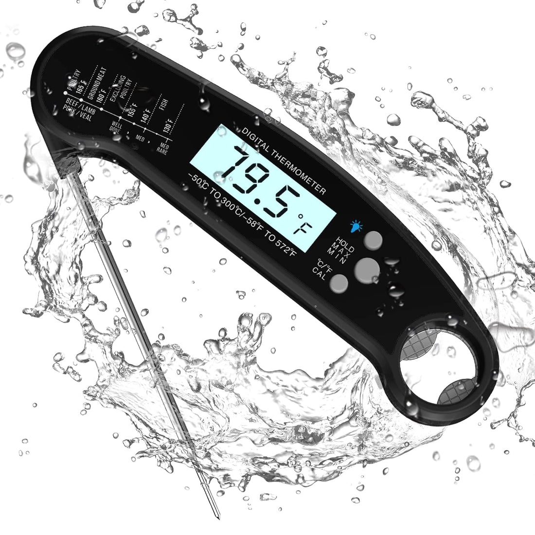 Digital Meat Thermometer with Probe, Instant Read Food Thermometer for Grilling BBQ, Kitchen Cooking, Baking, Liquids, Candy & Air Fryer - IP67 Waterproof, Backlight & Calibration - Black