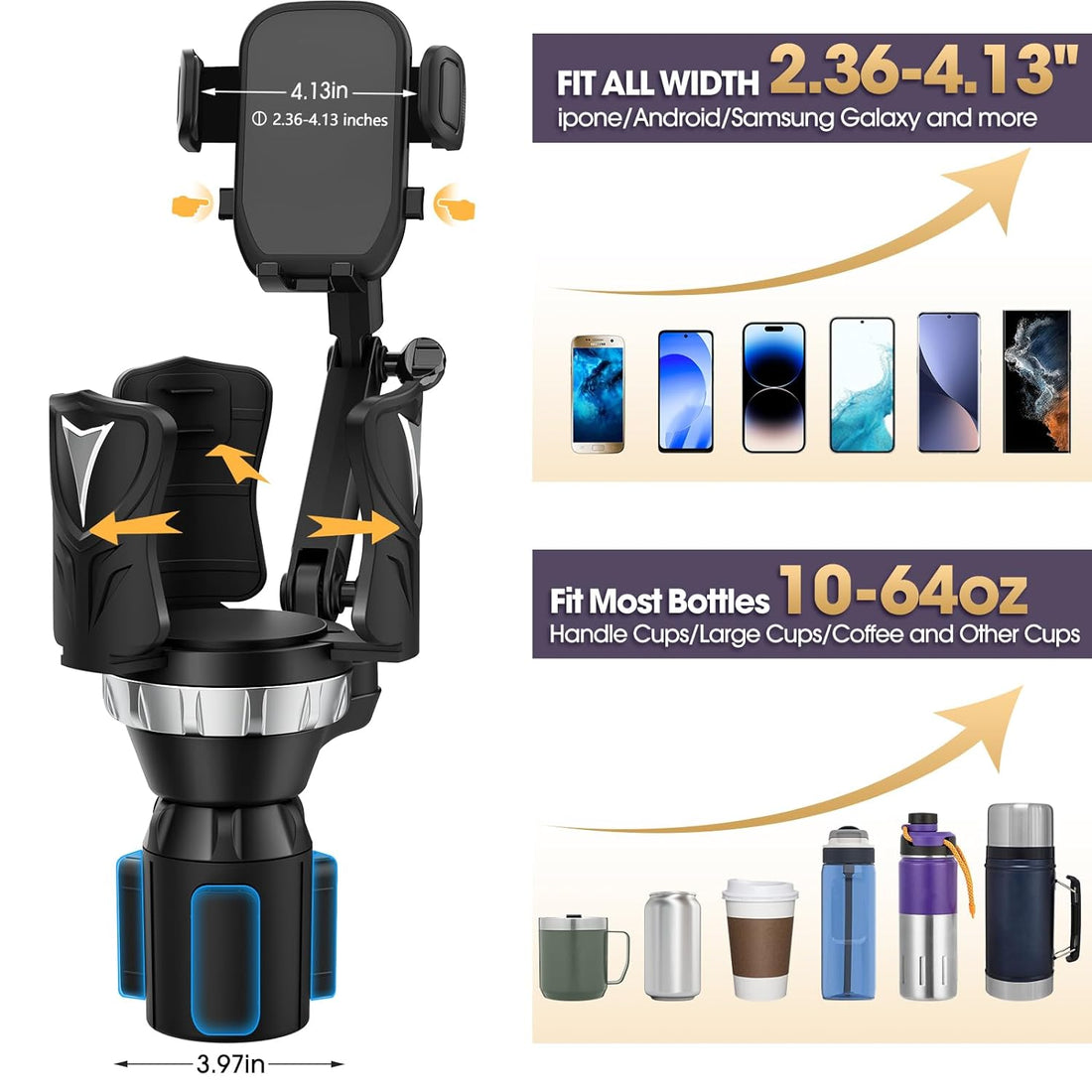 Cup Holder Extender Phone Mount (Adjustable) for Car with Expandable Base, 2-1 Multi Cupholder for Large Drink Bottle Mug and Phone Holder Fits All Smartphone (Silver-Cup Holder Phone Mount for car)