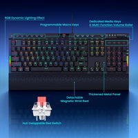 RisoPhy Wired Mechanical Gaming Keyboard - Hot-Swappable Red Switches - Linear & Silent - Chroma RGB Lighting - Programmable Macros - Aluminum Alloy Frame - Magnetic Wrist Rest - Media Control Knob