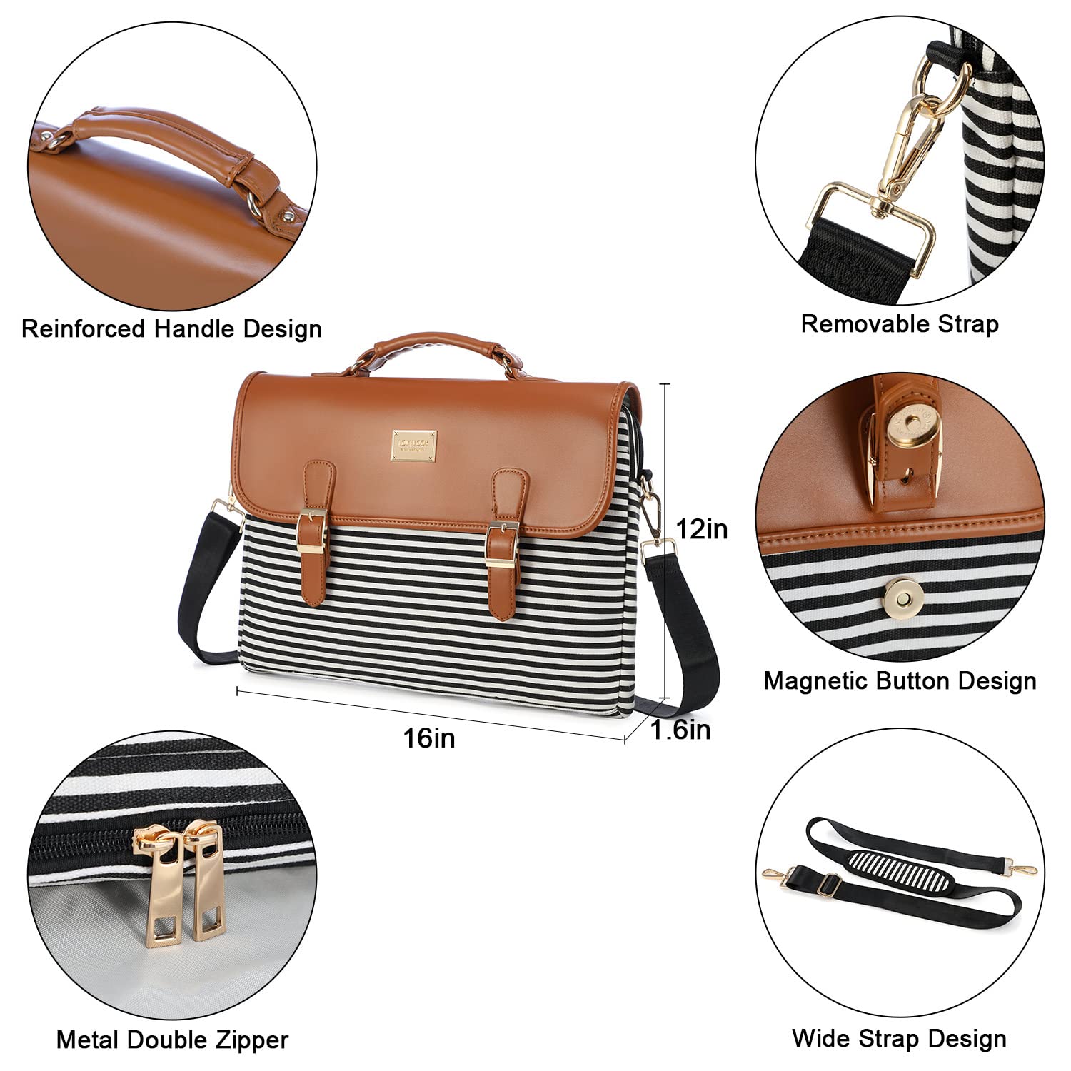 Computer Bag Laptop Bag for Women Cute Laptop Sleeve Case for Work College, Brown Horizontal Stripes, 15.6-Inch