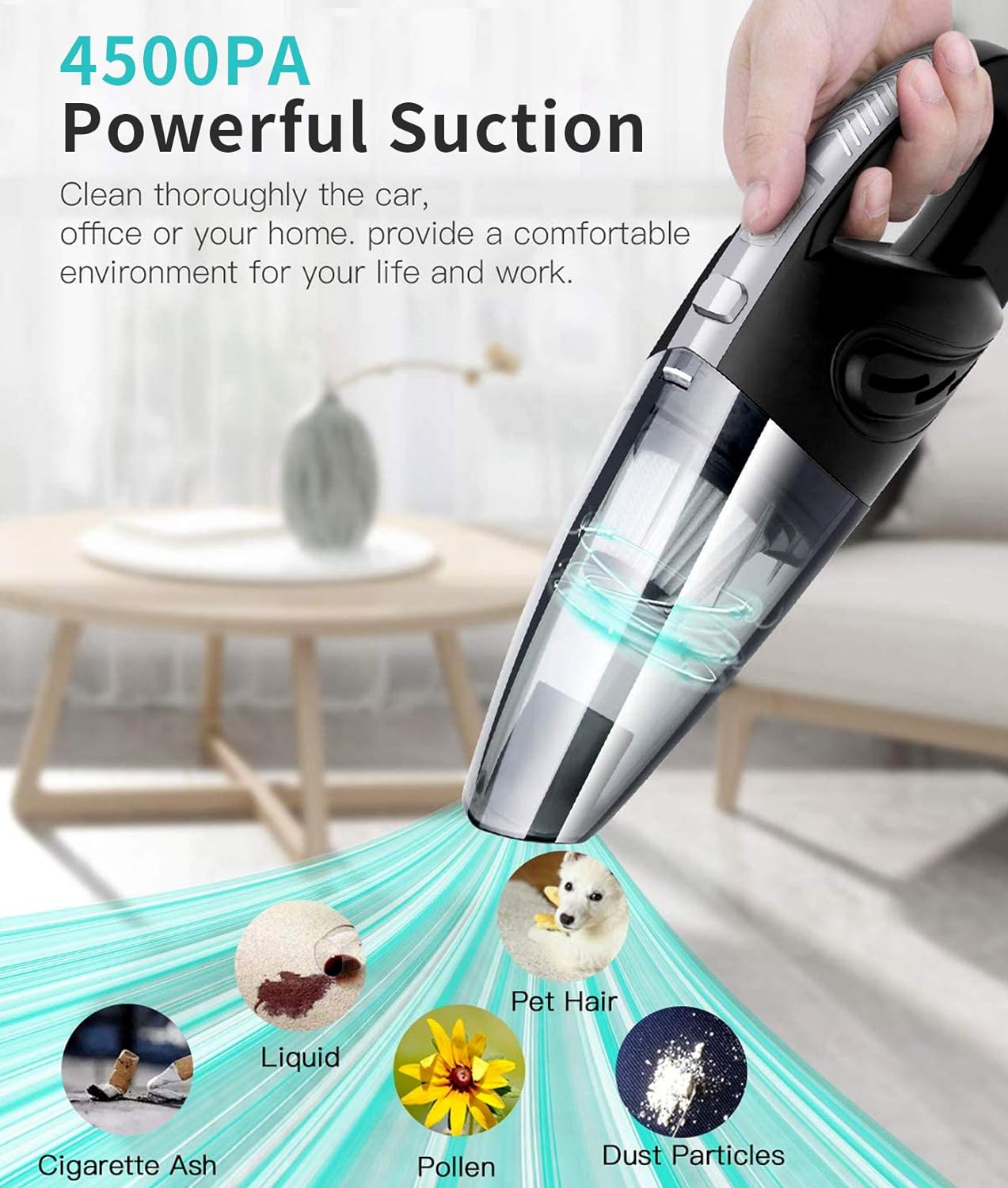 Handheld Vacuum USB Cordless Portable Wet Dry Vacuum Cleaner for Car Home Pet Hair with Filter Rechargeable 2200mAh Lithium Battery 120W 4500PA Powerful Suction (Black)