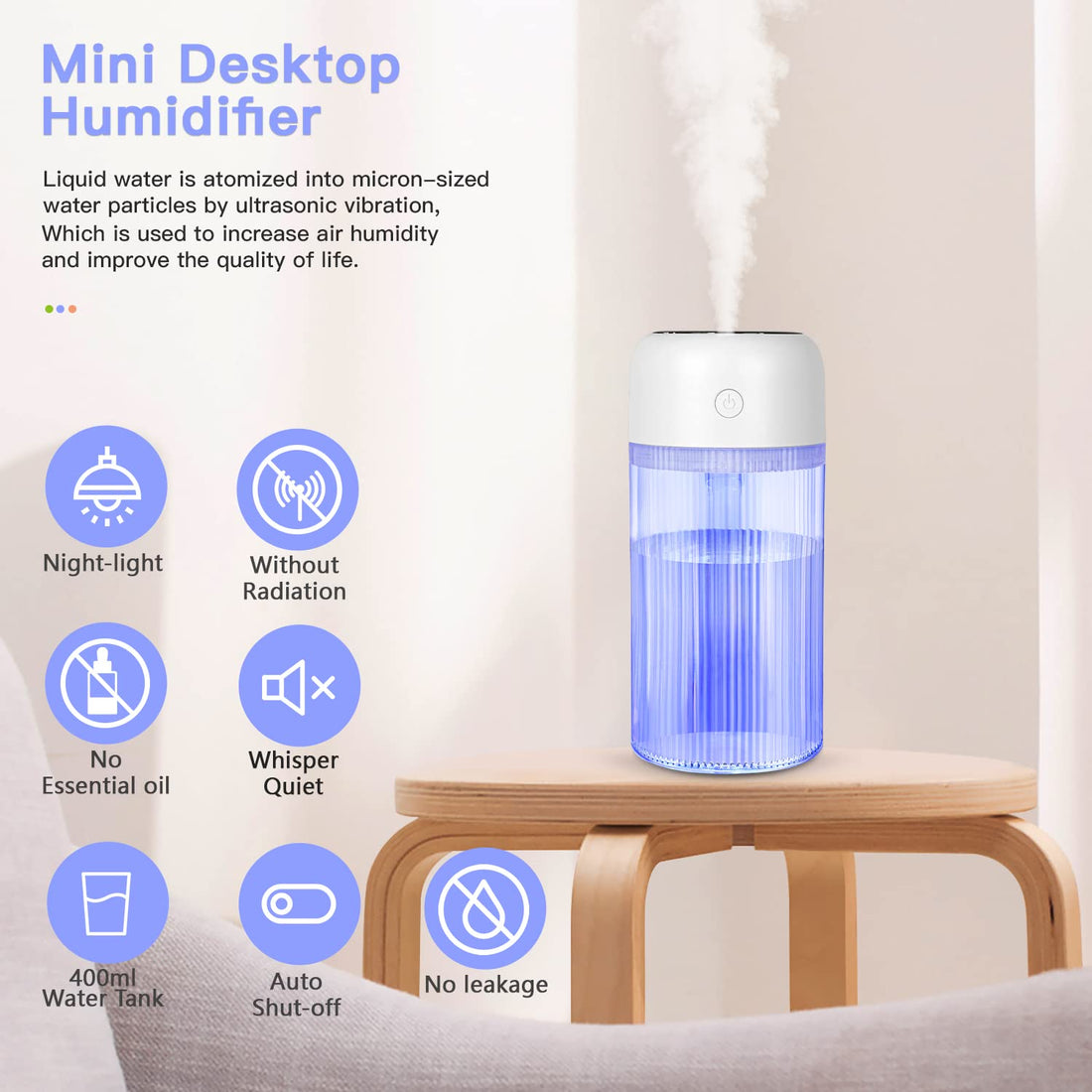 Portable Small Humidifier, 400ml Mini Baby Humidifier, Desktop Portable Air Humidifier for Bedroom Plants Travel Car Office, Super Quiet, Auto Shut-Off, 7 Color LED Night Lights, 2 Mist Modes