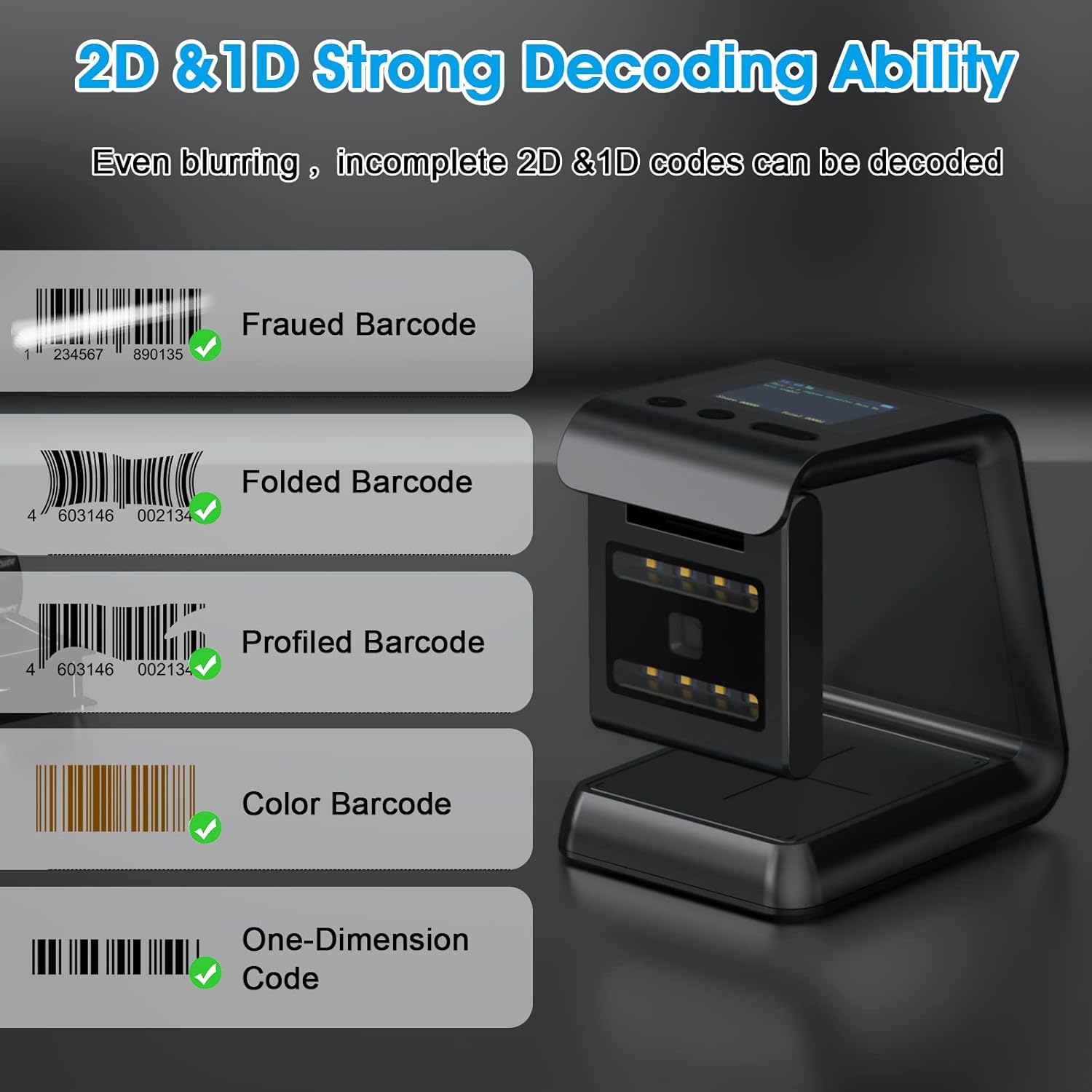 Alacrity 2D QR Wireless Barcode Scanner with Screen Display Bluetooth Omnidirectional Hands-Free Automatic USB Barcode Reader Scanner with Bluetooth4.1 & 2.4GWireless Function
