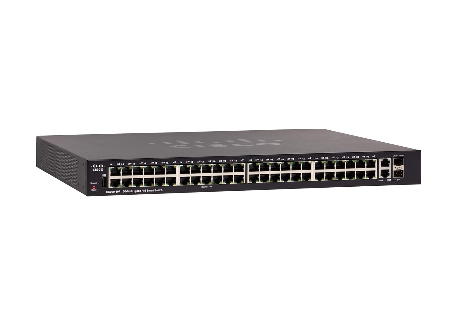 Cisco SG250-50P Smart Switch with 50 Gigabit Ethernet (GbE) Ports with 48 Gigabit Ethernet RJ45 Ports and 2 SFP Gigabit Ethernet Combo Ports Plus 375W PoE, Limited Lifetime Protection