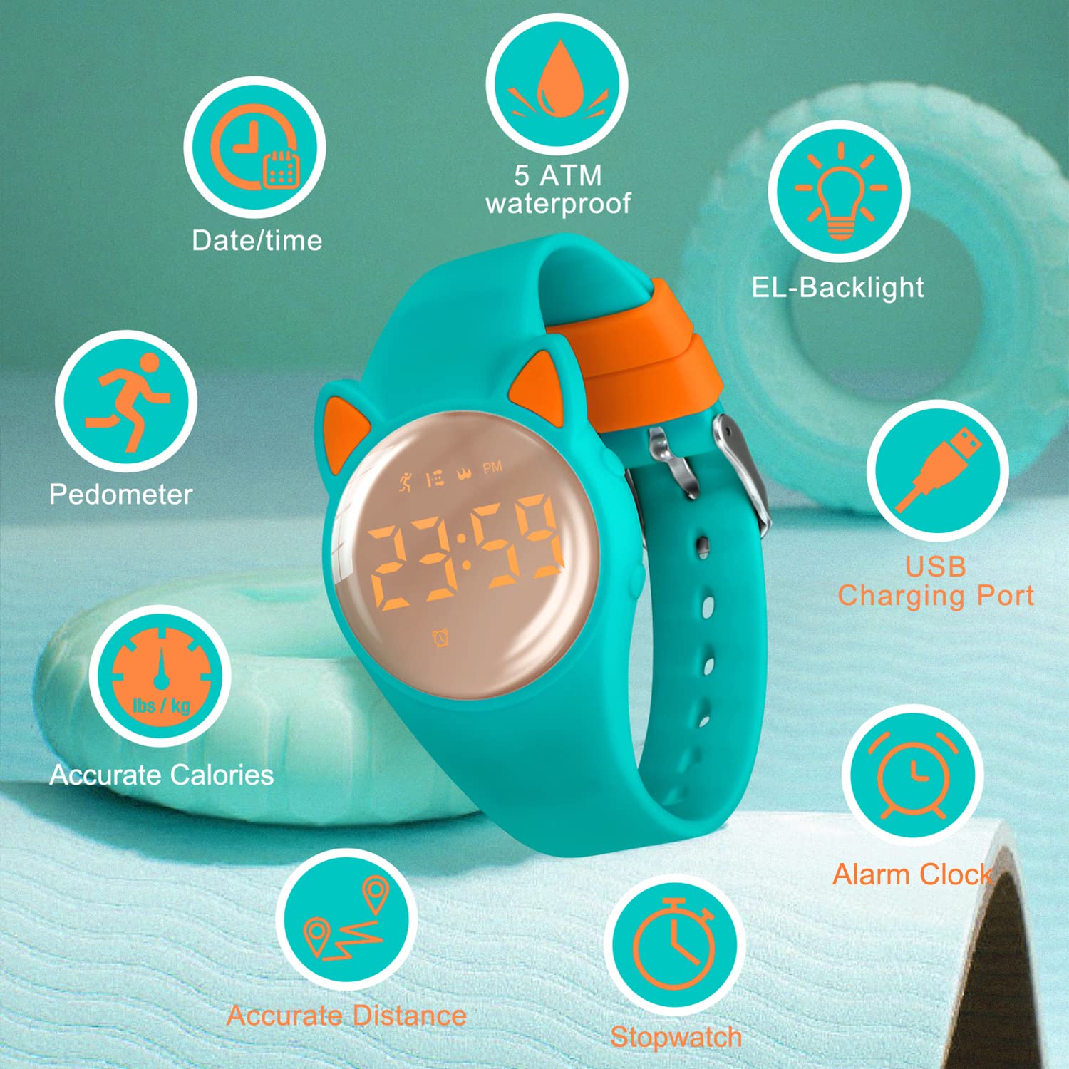 Kids Fitness Tracker Watch, Digital Activity Tracker Watch for Kids Ages 3-12, Non-Bluetooth, Alarm/Calorie/Pedometer Count Steps Wrist Watch for Kids, DJ-GreenOrange-Y