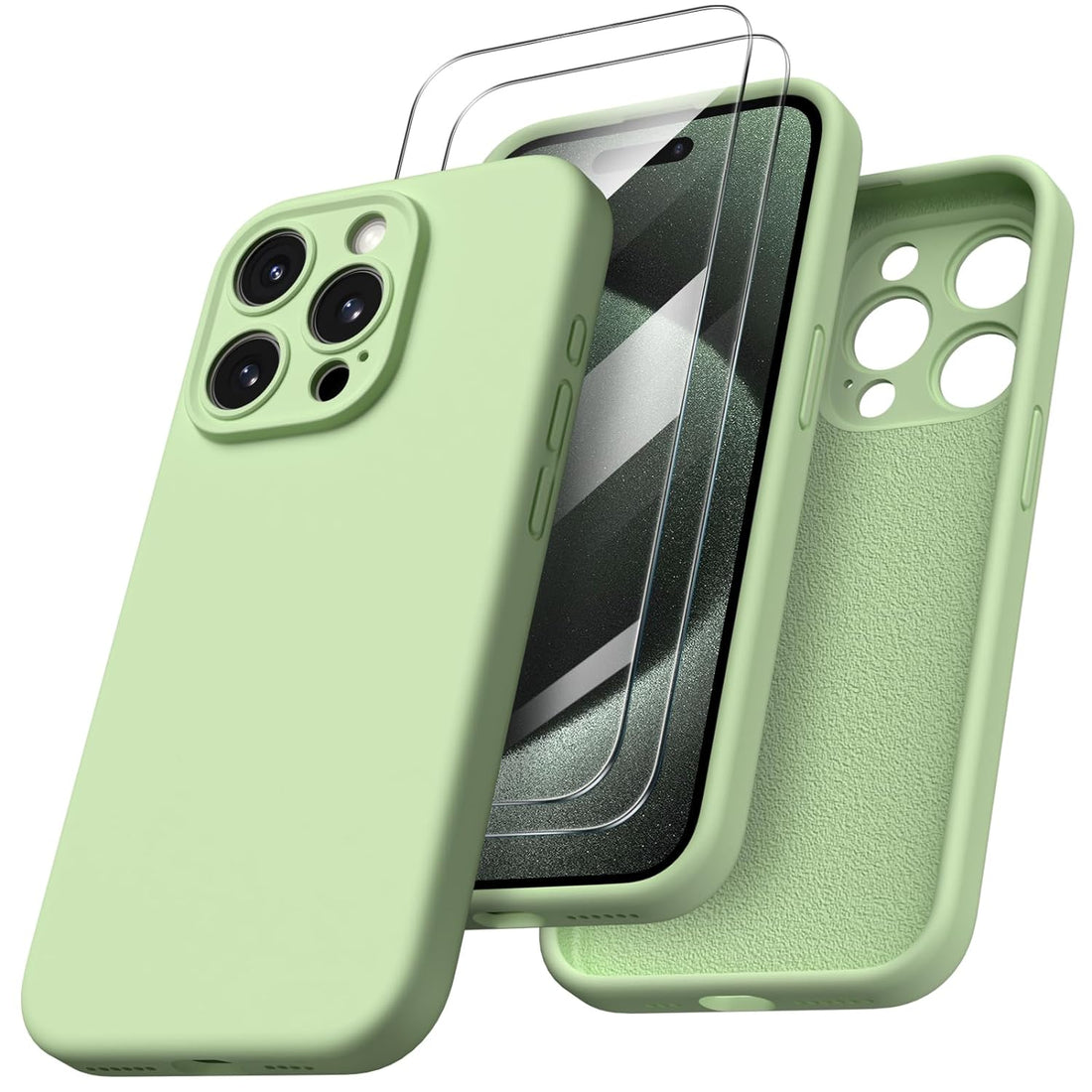 ORNARTO Designed for iPhone 15 Pro Max Case with 2X Screen Protector, Liquid Silicone Gel Rubber Cover [Upgraded Camera Protection], Shockproof Protective Phone Case-Light Green