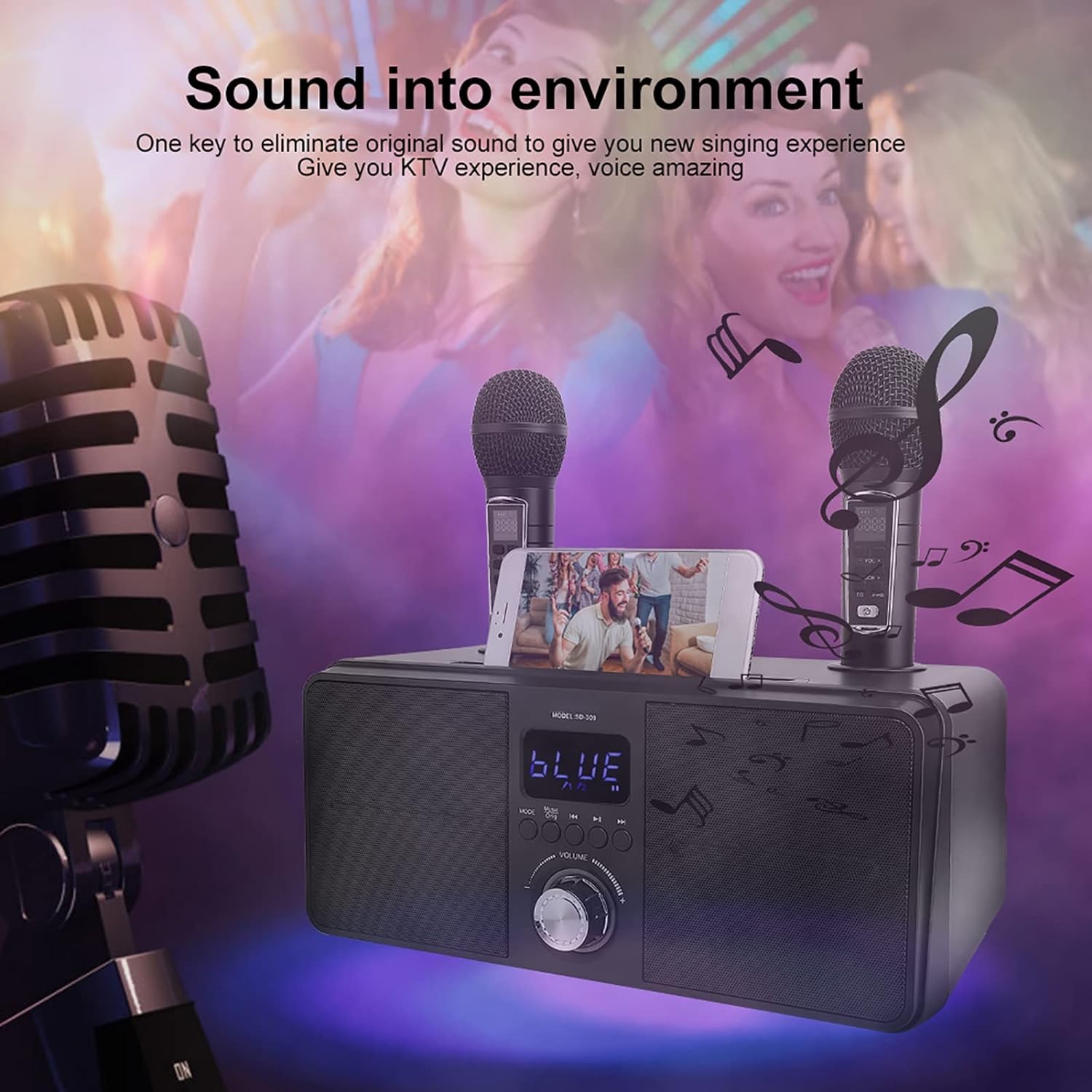Karaoke Machine for Adults Kids, Portable Speaker with 2 Wireless Microphones, Karaoke Speaker Support SD Card, USB, AUX in, for Home Parties, Meetings, Birthday (Black)
