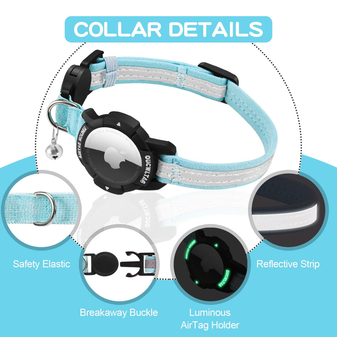 Reflective AirTag Cat Collar Breakaway, OUCWLTAG GPS Cat Collar with Luminous Apple Air Tag Holder, Cat Tracker Collars with Safety Elastic Band for Girl Boy Cats, Kittens and Puppies