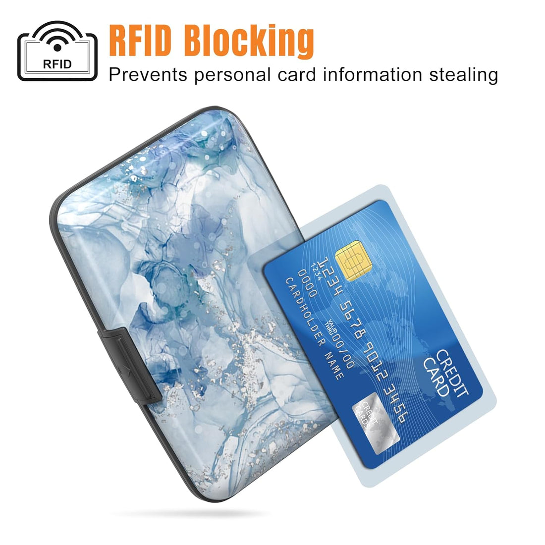 Rimilak Aluminuml Credit Card Holder, Mini Credit Card Wallet RFID Blocking Slim Metal Hard Case for Women Men, Blue Mable, S