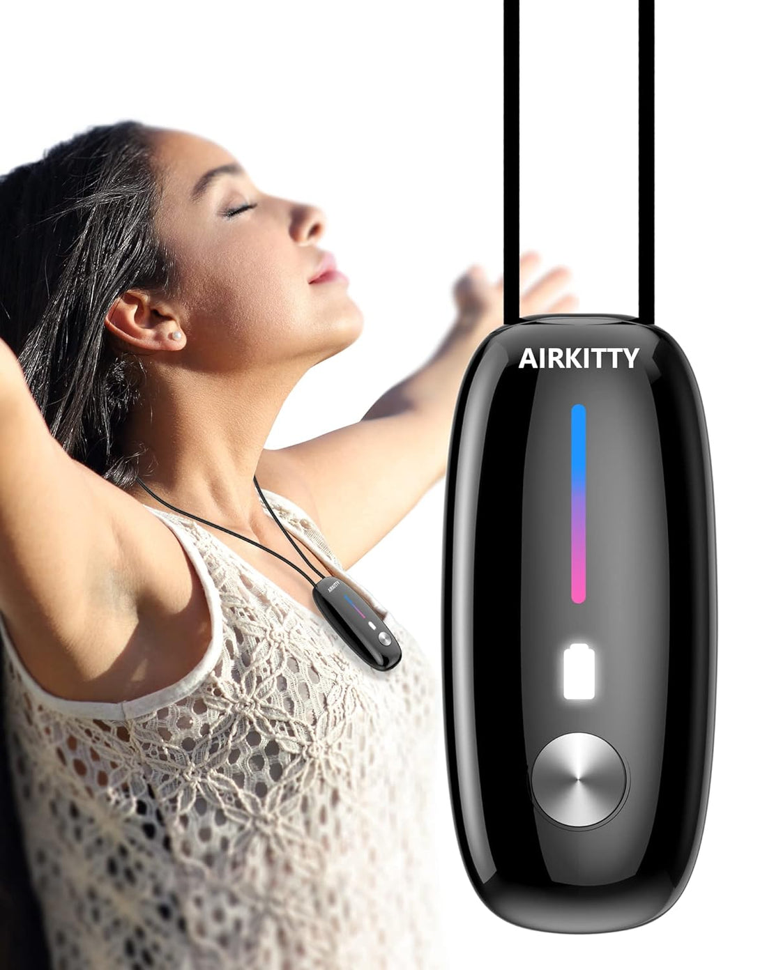 Airkitty Personal Air Purifier Necklace,Portable Mini Air Purifier,100% No Static Shock,for Flight,Office,Bedroom and Travel,Outdoor(A10S Black)