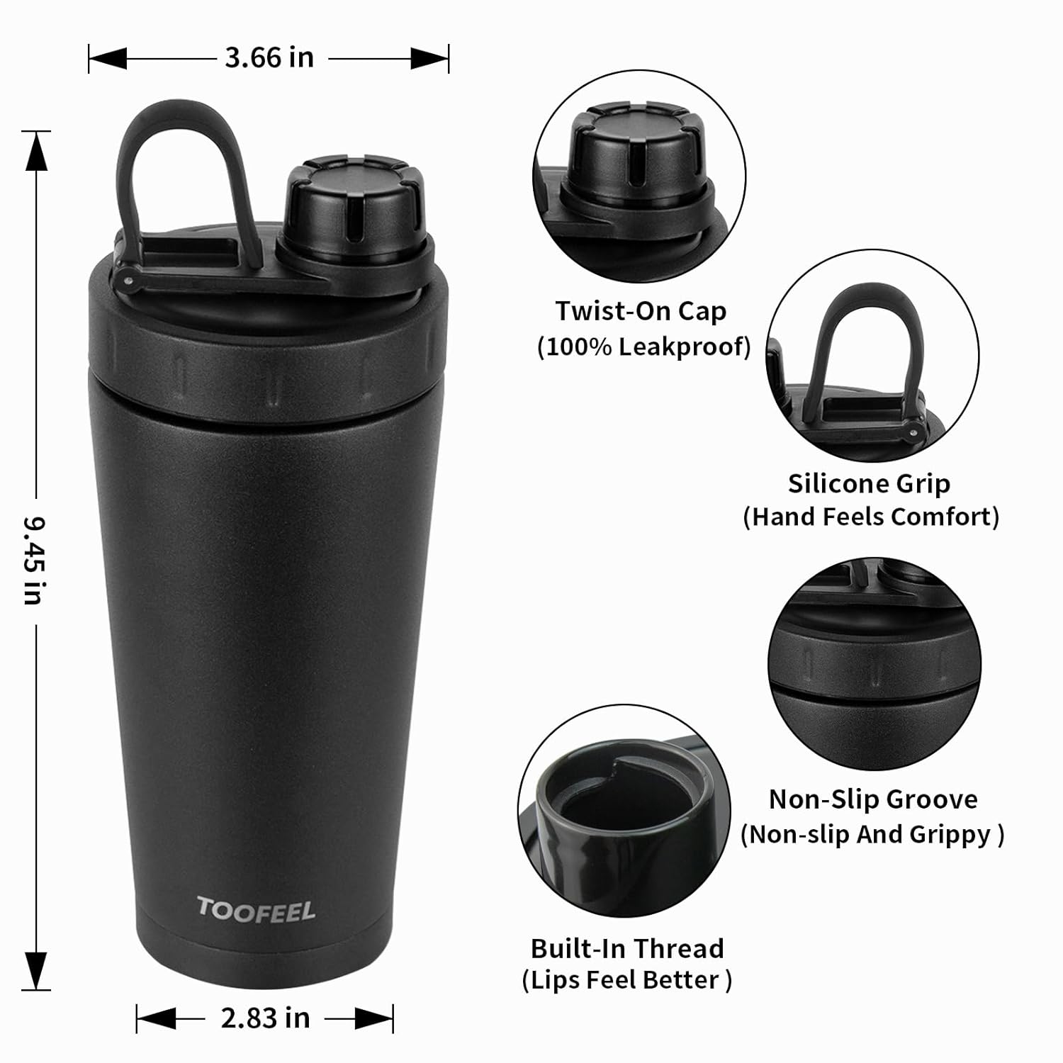 TOOFEEL Shaker Bottle Stainless Steel - 20 oz Double Walled Insulated Shaker Cups for Protein Shakes, Keeps Cold/Hot, Shaker Bottle for Protein Mixes, Gym Workout Protein Shaker Bottle