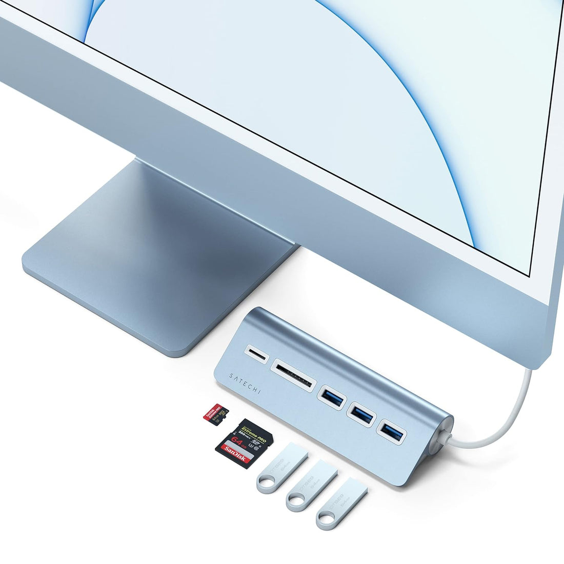 Satechi USB-C Combo Hub for Desktop - USB-A 3.0 Data Ports & Micro/SD Card Readers - for M2/ M1 MacBook Pro/Air, M2/ M1 iPad Pro/Air, M2 Mac Mini, iMac M1 (Blue)