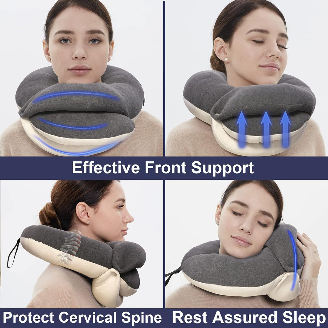 BUYUE Travel Neck Pillows for Airplanes, 360° Head Support Sleeping Essentials for Long Flight , Skin-Friendly & Breathable, Kit with 3D Contoured Eye Mask, Earplugs and Storage Bag (Aldult, Grey)