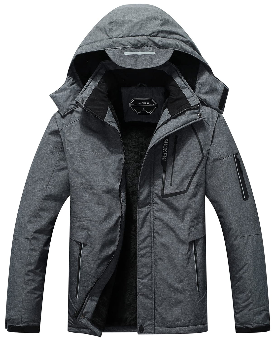 SUOKENI Men's Waterproof Ski Jacket Warm Winter Snow Coat Hooded Raincoat, Charcoal Heather, Small