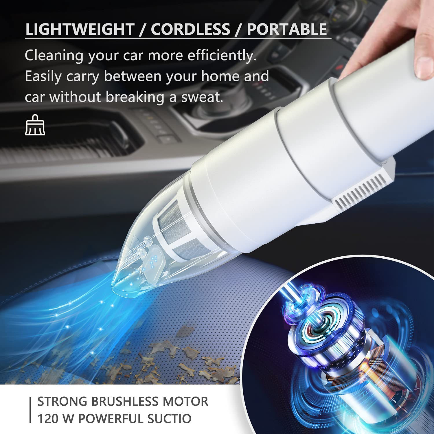 EASYOB Handheld Vacuum Cordless, Car Vacuum Cleaner 15Kpa Powerful Suction, Two-speeds Adjustable, USB Charging, Small Hand Vacuum for Car, Office and Home, Brushless Motor 120W-(A046), A006 White