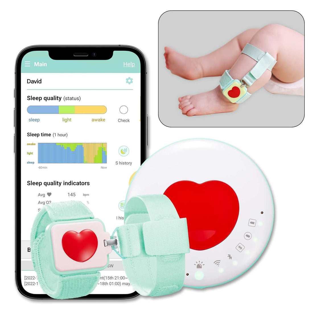 AIMON Smart Band Baby Monitor Oxyen, Heart Rate, °C, Fall & Crying detect Sleep Trends & Analysis, S/L Size(0~35mo) (Apricot)