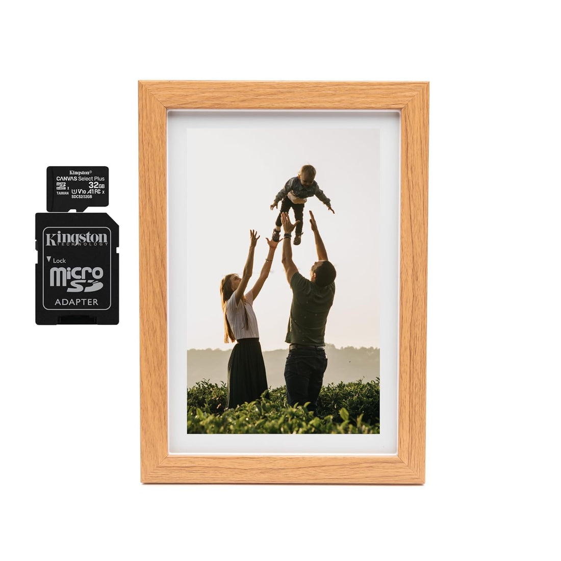 Koah Smart WiFi 10.1" Digital Photo Frame with FRAMEO 8GB Storage (Wood) Bundle with 32GB UHS-I microSDHC Memory Card with SD Adapter (2 Items)