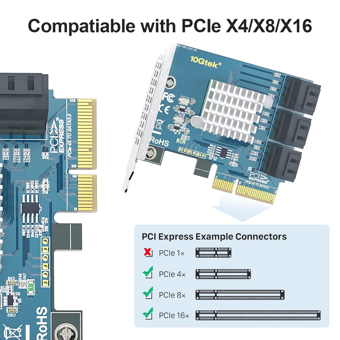 10Gtek PCIe SATA Card 6 Port with 6 SATA Cables and Low Profile Bracket, 6Gbps SATA3.0 Controller PCI Express Expansion Card, X2, Support 6 SATA 3.0 Devices