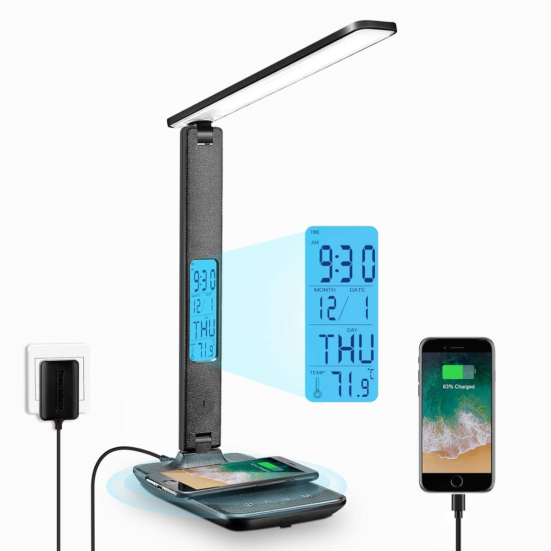 LAOPAO LED Desk Lamp with Wireless Charger, USB Charging Port, Adjustable & Foldable with Clock, Alarm, Date, Temperature, 5-Level Dimmable Lighting, for Office with Adapter