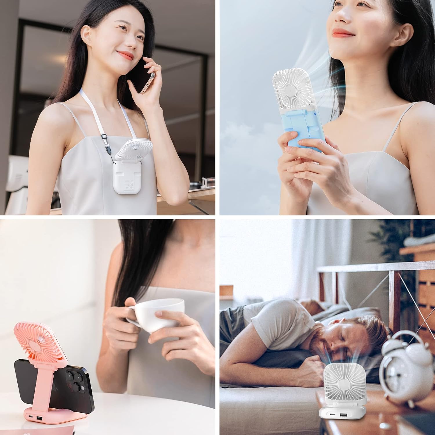 Mini Fan Portable Handheld Fan Rechargeable Small Battery Operated Personal Fan all in 1 as Power Bank, Phone Holder, Hand Held Fan, Mini Desk Fan, Travel Fan, USB Fan, 3000 mAh, 4 Speed, Neck lanyard