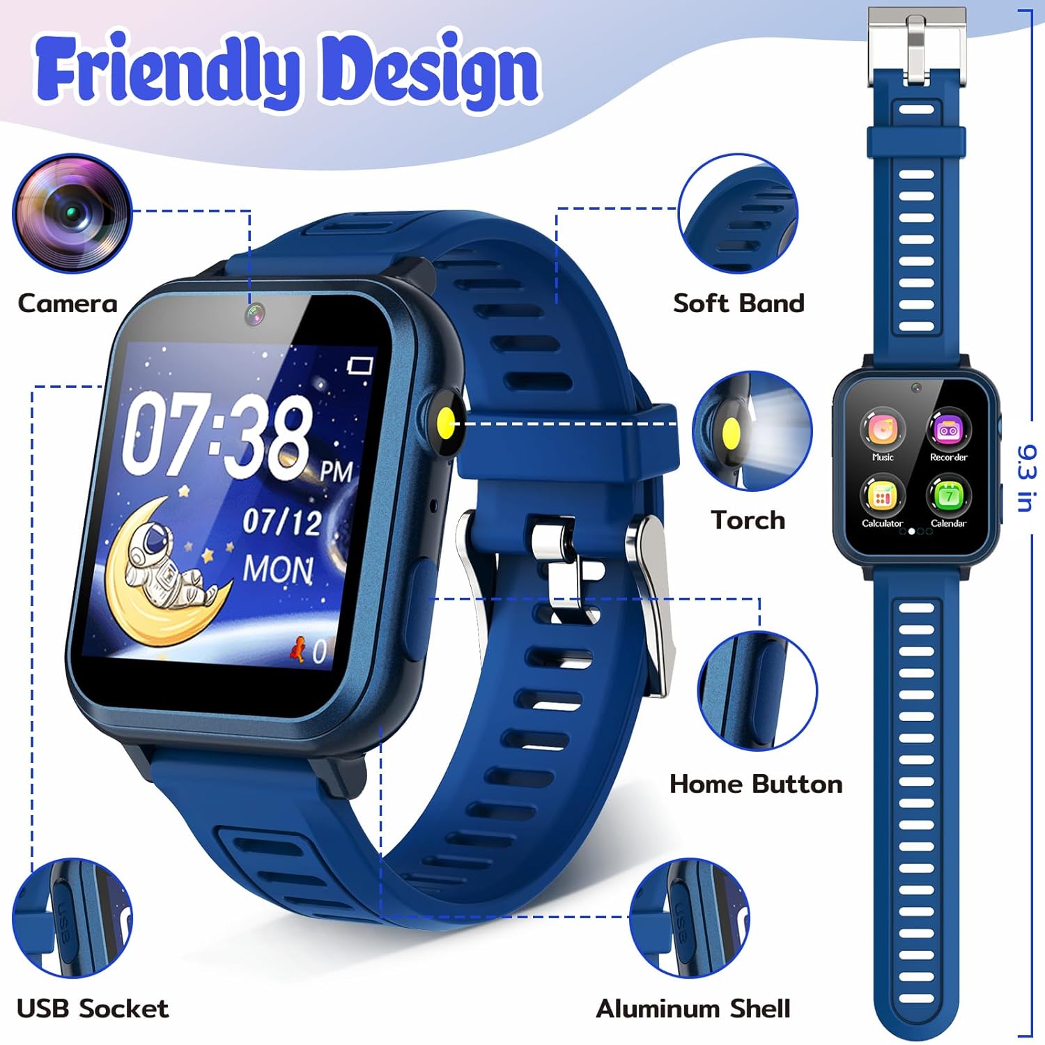 Waterproof Touch Screen Smart Watch with 24 Puzzle Games HD Camera Music Player Pedometer Alarm Clock and Selfie Cam - Great Learning Toy for Kids (Blue)