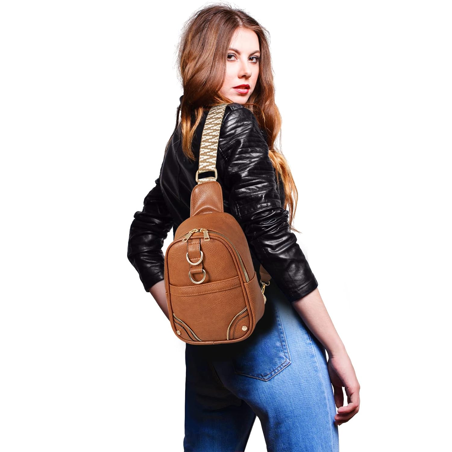 Sling Bag for Women Small Crossbody Bags PU Leather Chest Backpack Daypack Guitar Strap Fanny Pack Belt Bag Fashion Cross Body Cell Phone Purse for Traveling/Hiking/Everywhere, Taupe