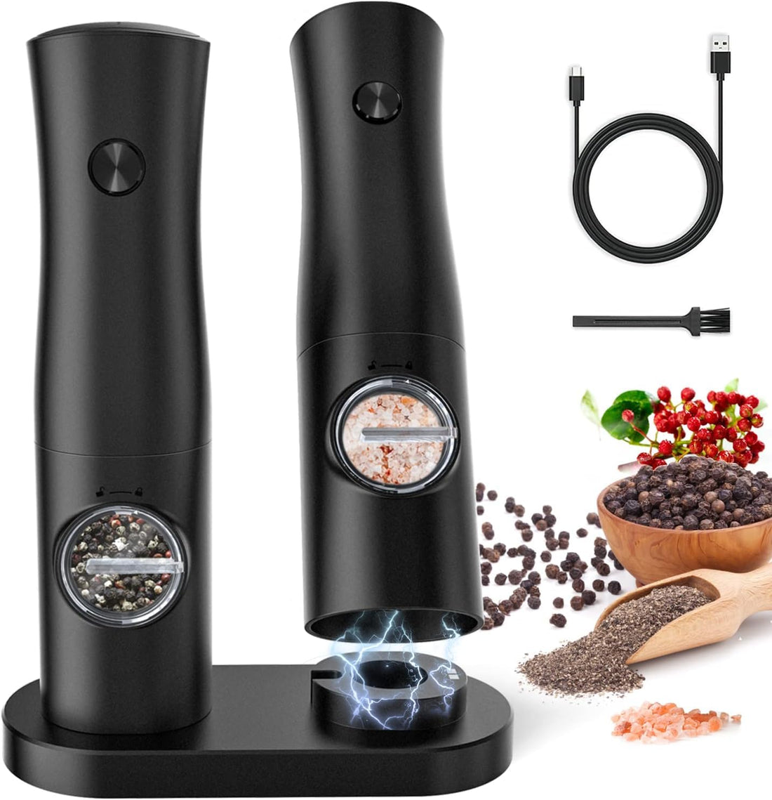 TLCCV Electric Salt and Pepper Grinder Set - Rechargeable Automatic Black Salt & Pepper Mill 2 Pcs with Charging Base, USB Cables, LED Lights, Adjustable Coarseness, One Hand Operation