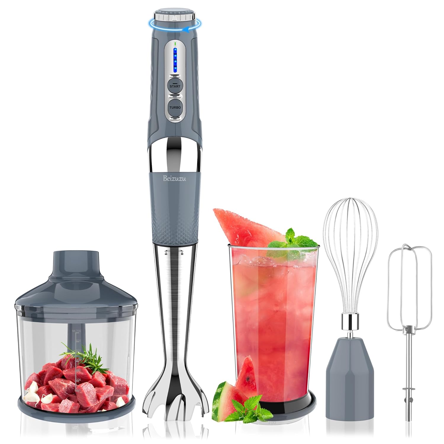 Cordless Immersion Blender: 4-in-1 Rechargeable Cordless Hand Blender, 21-Speed & 3-Angle Adjustable with Chopper, Beaker, Whisk, Beater for Milkshakes | Smoothies | Soup Baby Food (Grey)