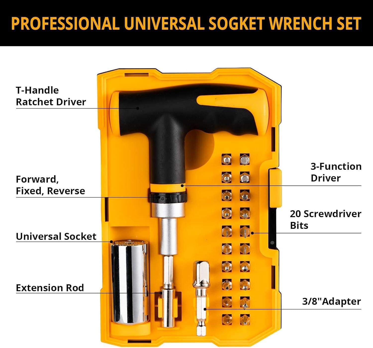Gifts for Men Universal Socket Wrench Sets - Set of 25 with 1/4-to-3/4-Inch Multi-Function Ratchet Wrench Power Drill Adapter - Super Socket Tool Square Drive Sockets