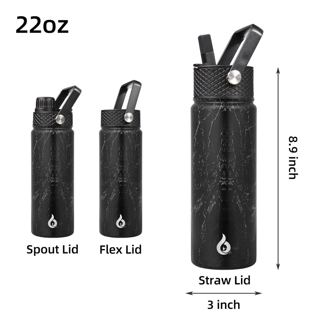 BJPKPK 22oz Insulated Water Bottles,Stainless Steel Water Bottle with Straw,Thermo Insulated Water Bottles with 3 Lids,Hot Cold Water Bottles for School-Midnight