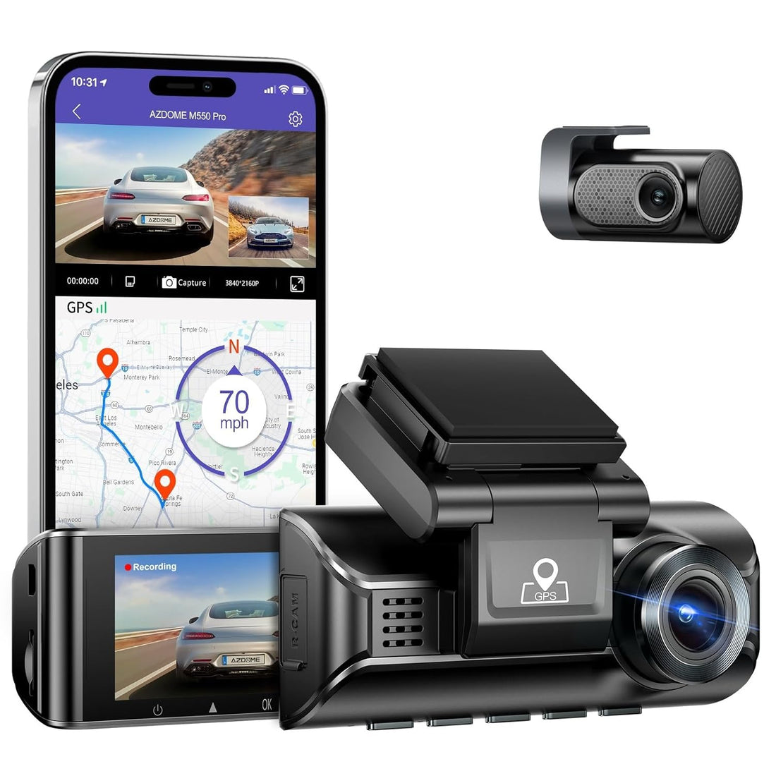 AZDOME 5G WiFi 4K Dash Cam for Car, Free 64GB Card 4K+1K Dual Dash Camera Front and Rear, 3.19“ IPS Screen On-Dash Cameras, 170° Super Night Vision Built-in GPS 24H Parking Mode for Truck, Black
