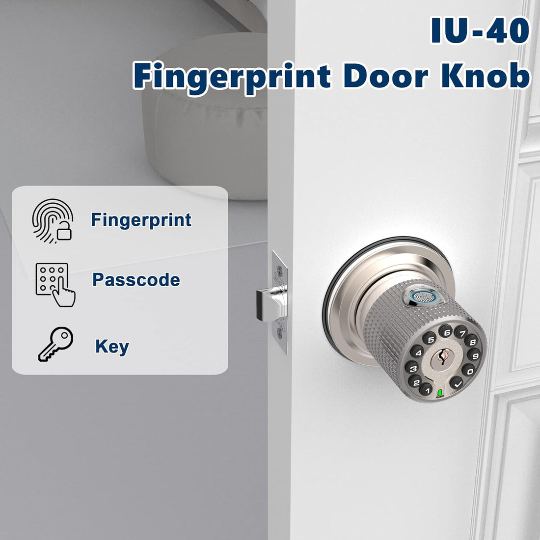 iuknob Fingerprint Door Knob with Keypad and Key,Smart Biometric Digital Lock with Voice Navigation Programming,Combination Electronic Handle for Interior Doors, Entry,Bedrooms,Garage(Satin Nickel)
