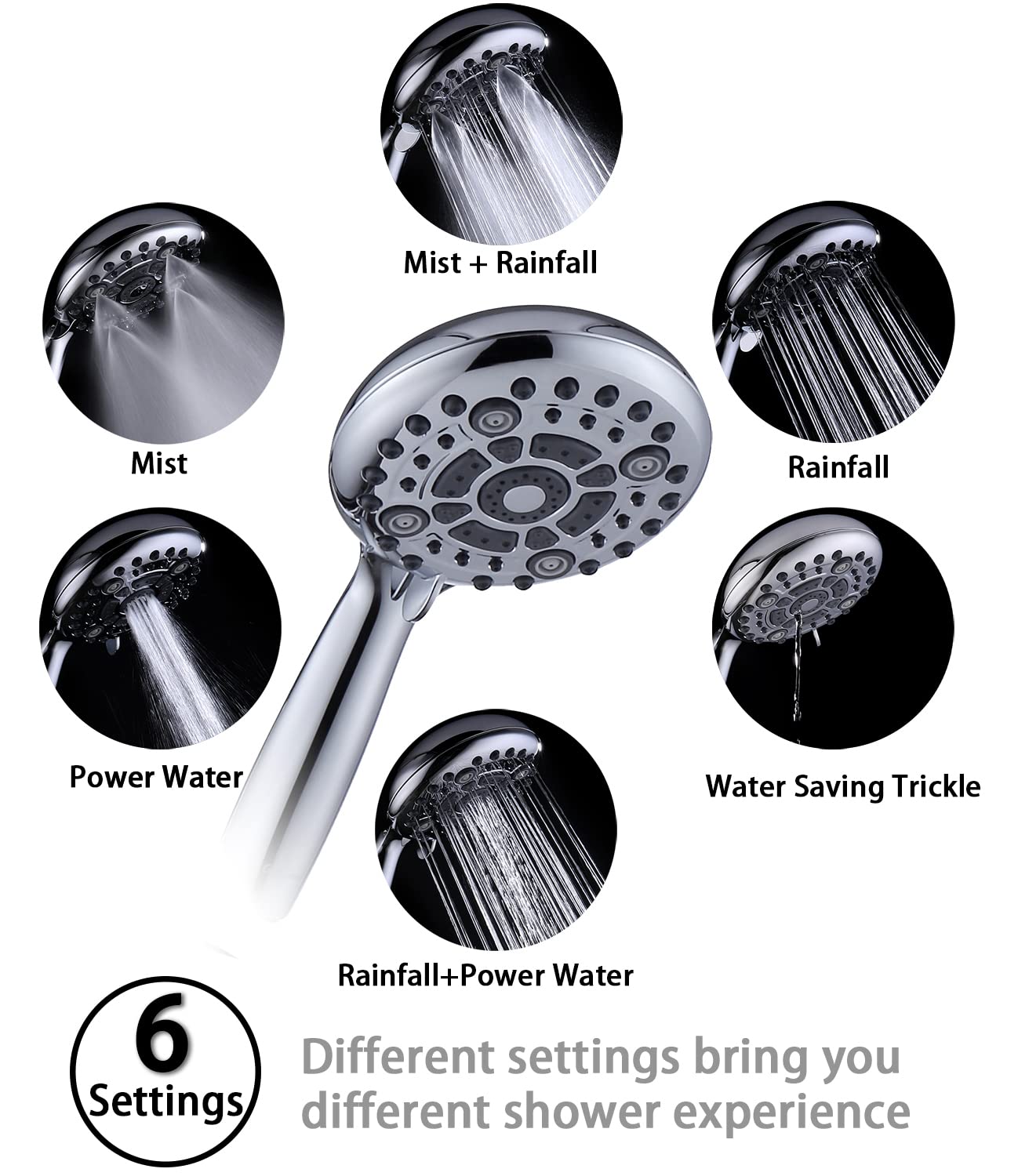 Handheld Shower Head High Pressure 6 Spray Settings, Detachable Hand Held Showerhead 4.9" Face with 70ââ‚¬Ëœââ‚¬â„¢ Extra Long Stainless-steel Flexible Hose and Metal Adjustable Bracket (Chrome)