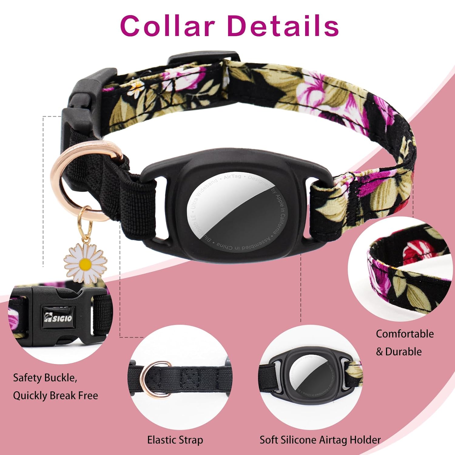 HSIGIO Airtag Cat Collar, GPS Cat Collar with Apple Air Tag Holder and Flower Charm, Floral Cat Tracker Collar in 0.6 Inches Width for Girl Boy Cats, Kittens and Puppies(Black Red Rose, 7.4-9inch)