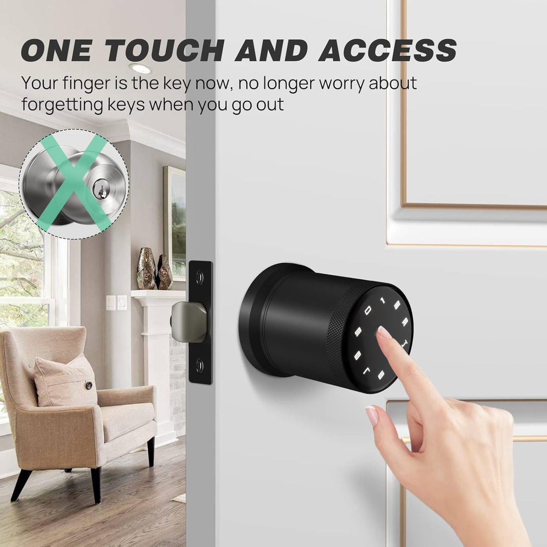VICMEON Smart Door Knob with LED Keypad and Key, Keyless Entry Door Lock with Voice Function, Smart Door Knob Remote Control with APP for Bedroom Garage Office Hotels (Matte Black)