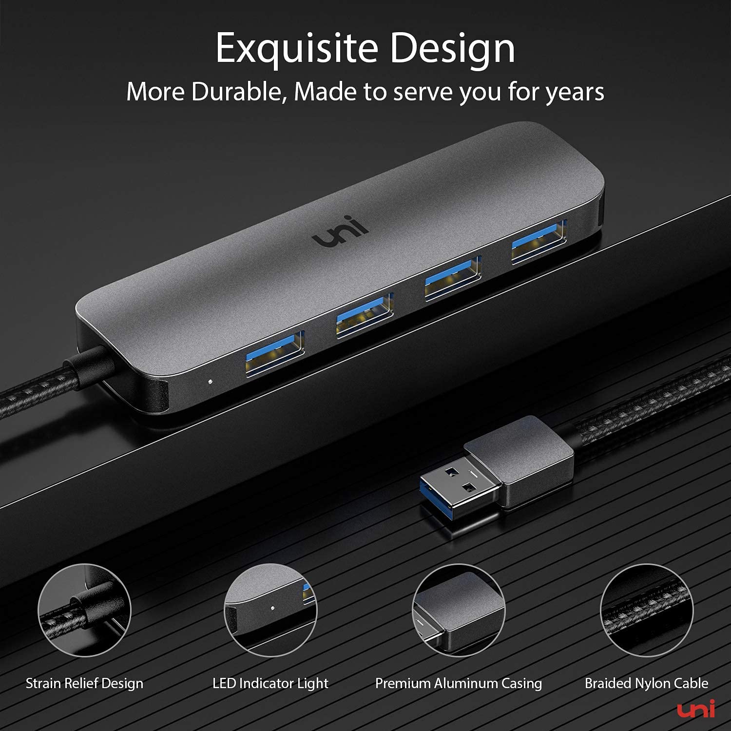 USB Hub 4-Port, uni USB 3.0 Data Hub Adapter with 4 ft Extended Cable, [Aluminum