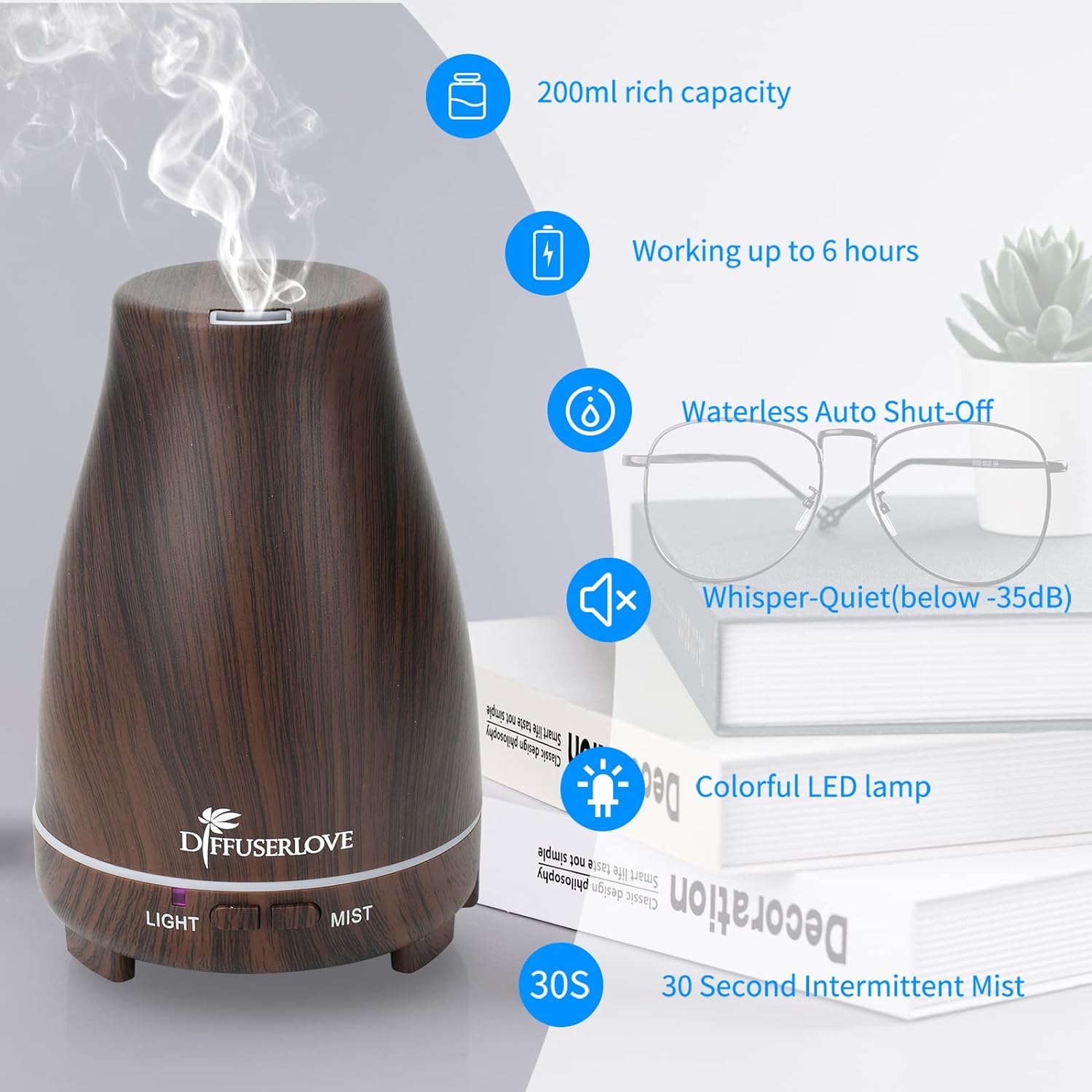 Diffuserlove Essential Oil Diffusers 200ML Diffuser Remote Control Aromatherapy Diffuser with 7 Color Lights, Auto Shut-Off for Bedroom Office Kitchen (Black Wood Grain)