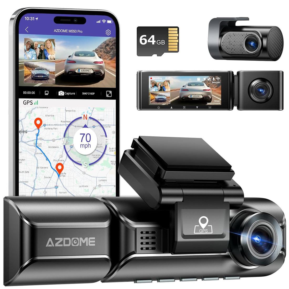 AZDOME M550 Pro 5G WiFi 3 Channel 4K Dash Cam for Car, Free 64GB Card Dash Camera Front and Rear 3.19" IPS Screen, Front and Rear Inside 2K+1080P+1080P, 24H Parking Mode IR Night Vision G-Sensor GPS