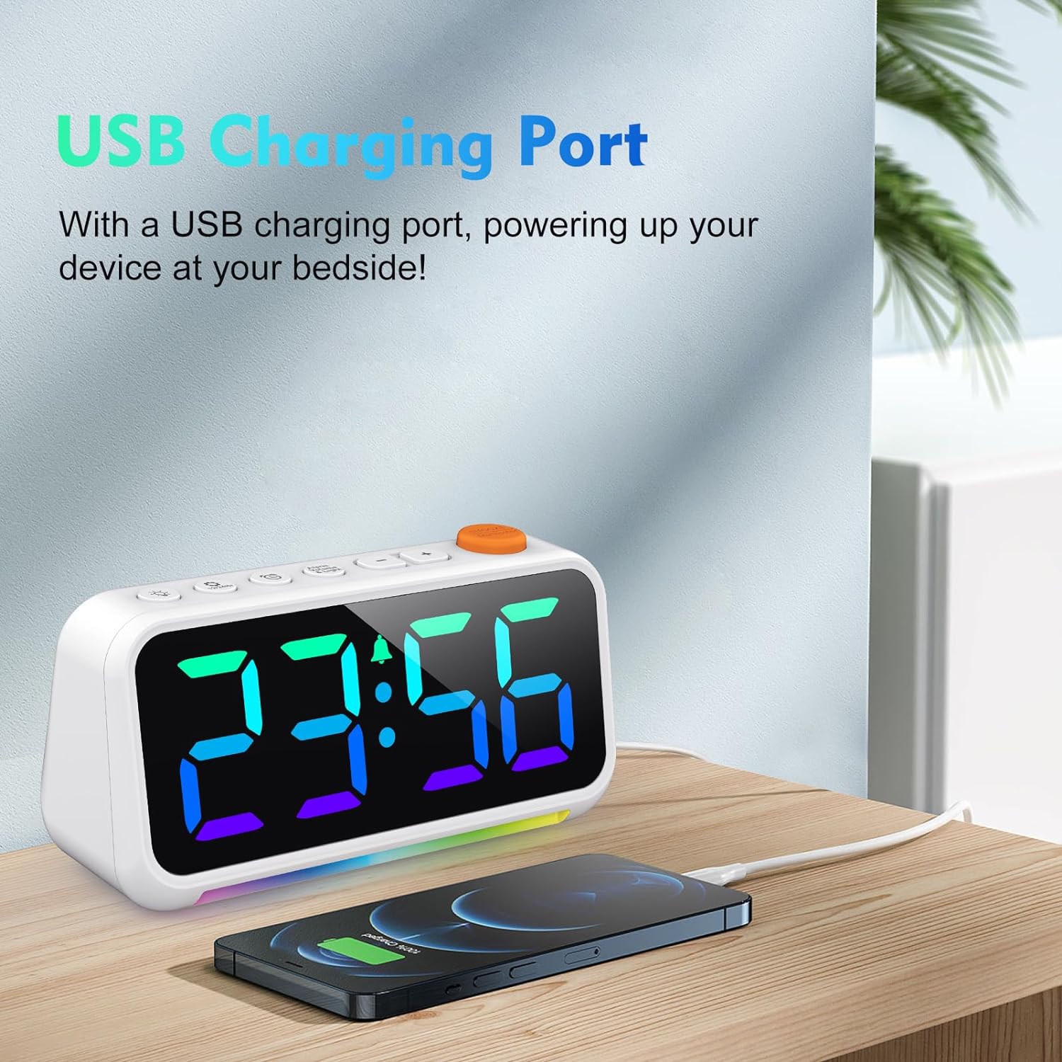 [RGB] Digital Alarm Clock for Bedroom, Dynamic RGB Color Changing, 7 Color Night Light, 3 Alarm Types, Adjustable Snooze Function, with USB Charger Port and Dimmer, for Kids, Teens, Heavy Sleepers
