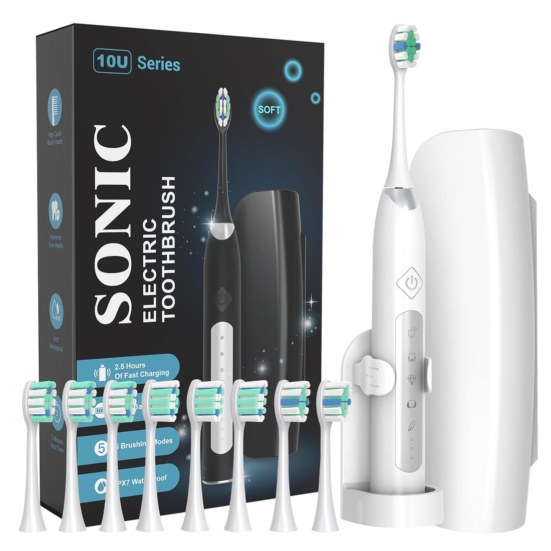 Sonic Electric Toothbrushes for Adults, 8 Brush Heads Electric Toothbrush Deep Clean 5 Modes, Rechargeable Travel Toothbrushes Fast Charge with 2 Minutes Smart Timer (White)