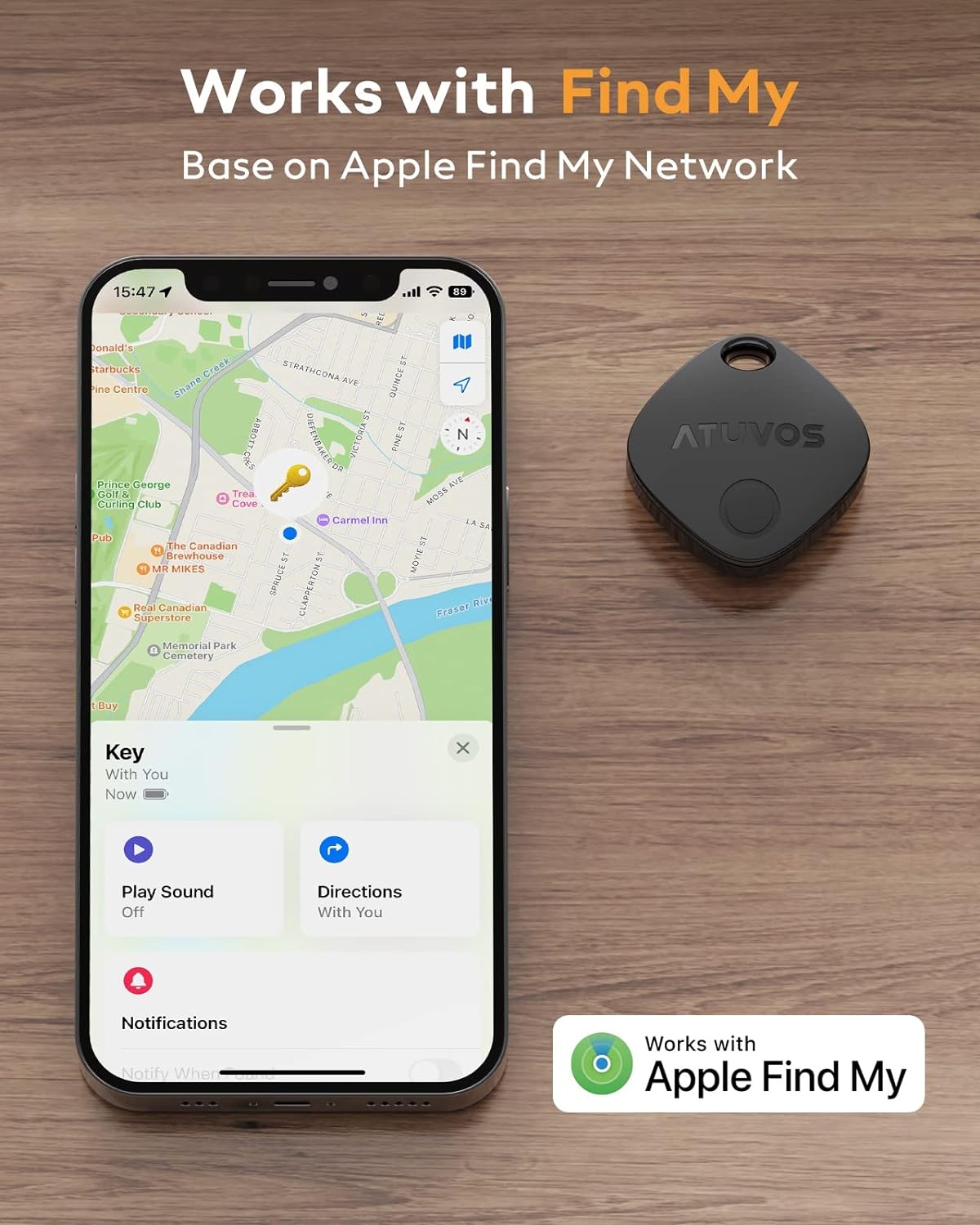 ATUVOS Key Tag, Bluetooth Tracker Works with Apple Find My (iOS only), IP67 Waterproof, Privacy Protection, Lost Mode, Item Locator for Suitcase, Bags, and More 3 Pack Black