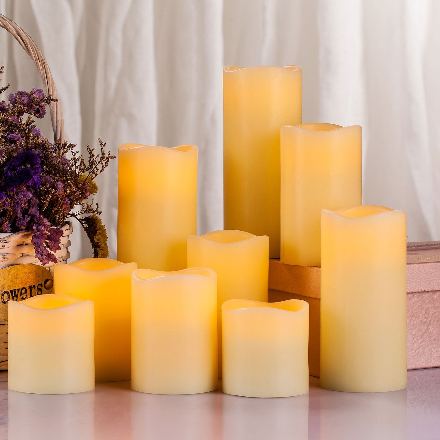 Ry-king 4 5 6 7 8 9 Pillar Flickering Flameless LED Candles with 10-key Remote Timer, Set of 9 by RY