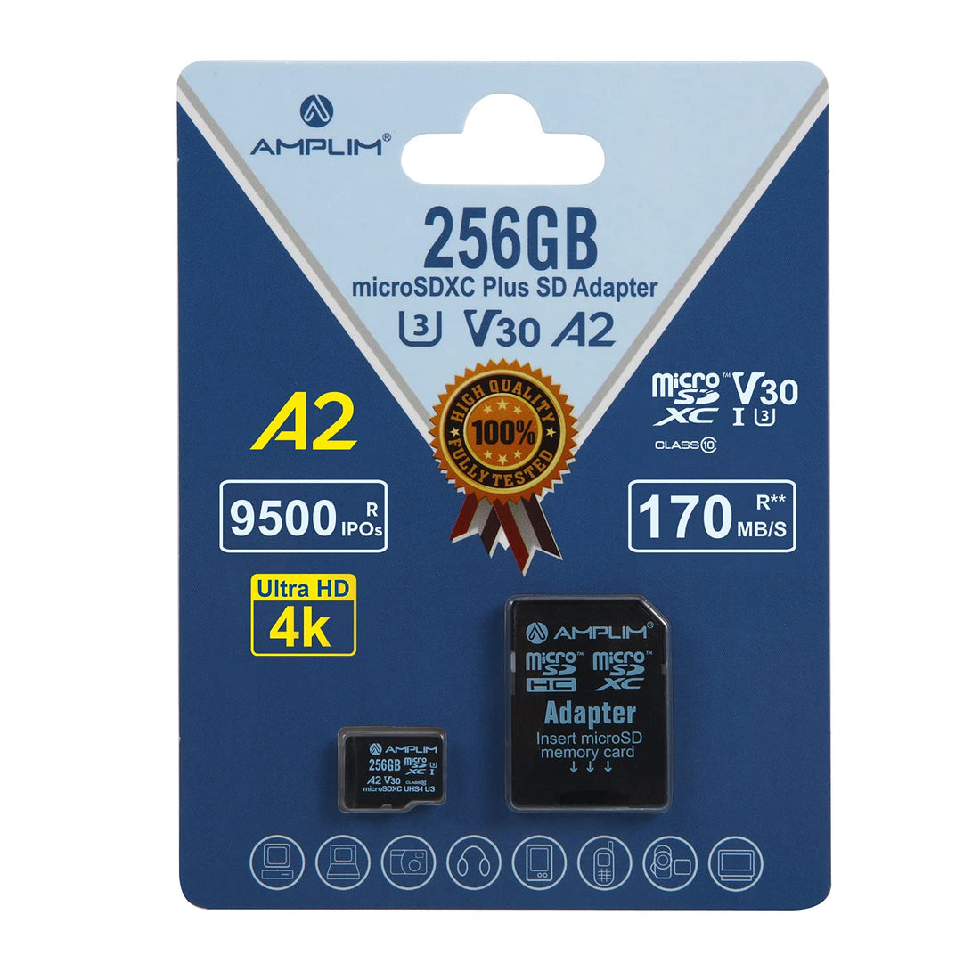 Amplim 256GB Micro SD SDXC Flash Memory Card, 170MB/s A2 UHS-I U3 V30 4K UHD & Full HD MicroSDXC Class 10 Pro TF Card Plus Adapter