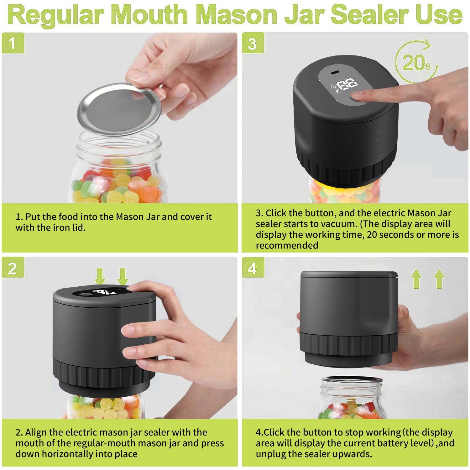 UROSER Mason Jar Vacuum Sealer, Vacuum Sealer for Jars, Screen Display of Battery Level and Working Time, Used for Food Storage, Food Fermentation, Canned Fruits(Black)