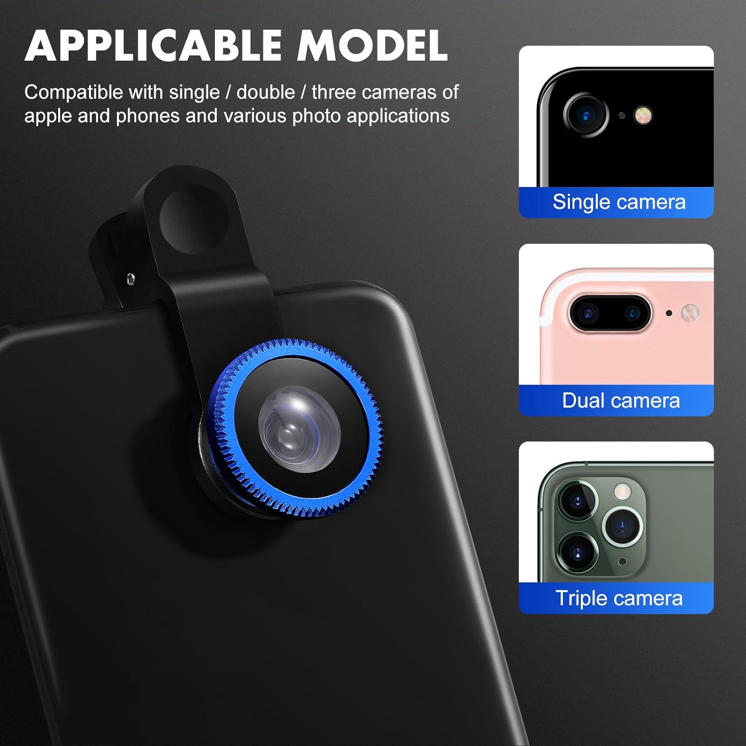 iplusmile 3 in 1 Phone Camera Lens Kit, Fisheye Lens 180 Degree Macro Lens Wide Angle Lens Clip on Cell Phone Lens Compatible with iPhone 6S/ 7/8/X Mini 3/2 and Most Smartphones, Blue