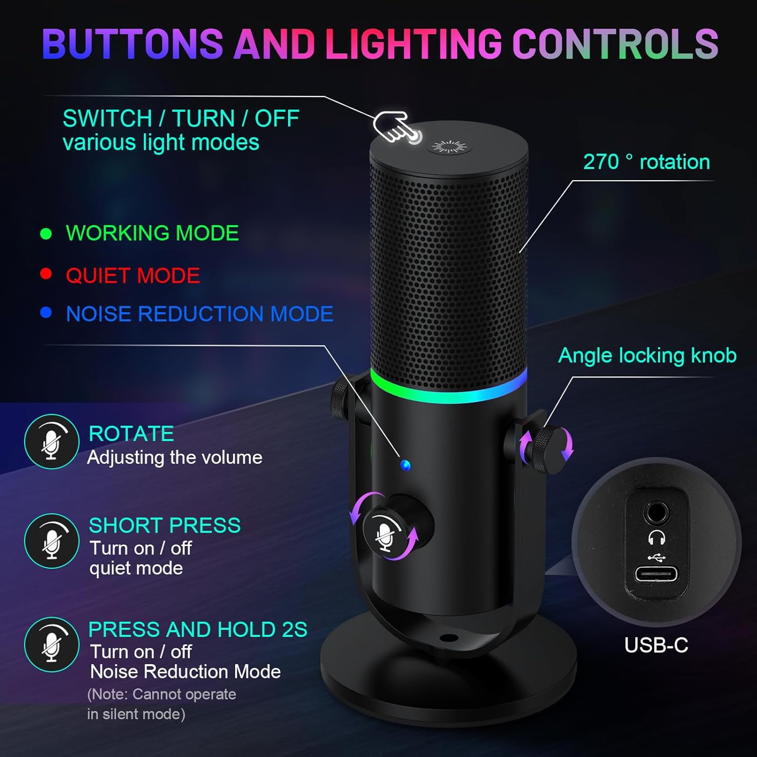 Czgor USB Microphone Gaming with RGB Light, Mute Button, Headphones Jack, Desktop Stand, Noise Reduction, USB-C Output for Gaming, Streaming, Podcast, Chatting, Mac & PC,Windows